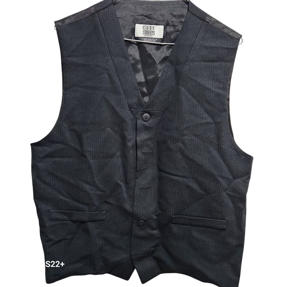City Streets Black Pinstripe Vest Mens M Button Front Formal Waistcoat